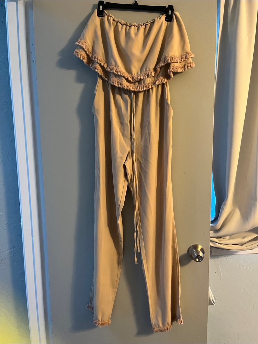 Off-Shoulder Ruffle Jumpsuit in Tan - Picture 4 of 4